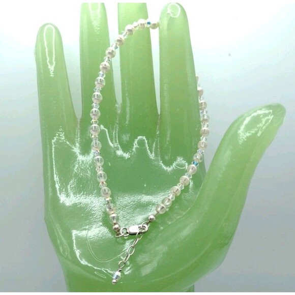 Vtg 925 Sterling Silver Clasp Faux Pearl & AB Aurora Borealis Facetted Bead 8" - Picture 2 of 11